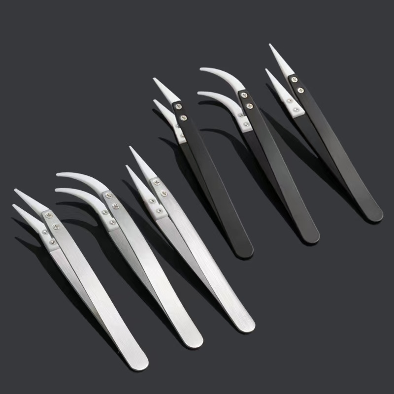 Silver ESD Replaceable Ceramic Tipped Tweezers for Electronic Repair ESD Iron Tweezers