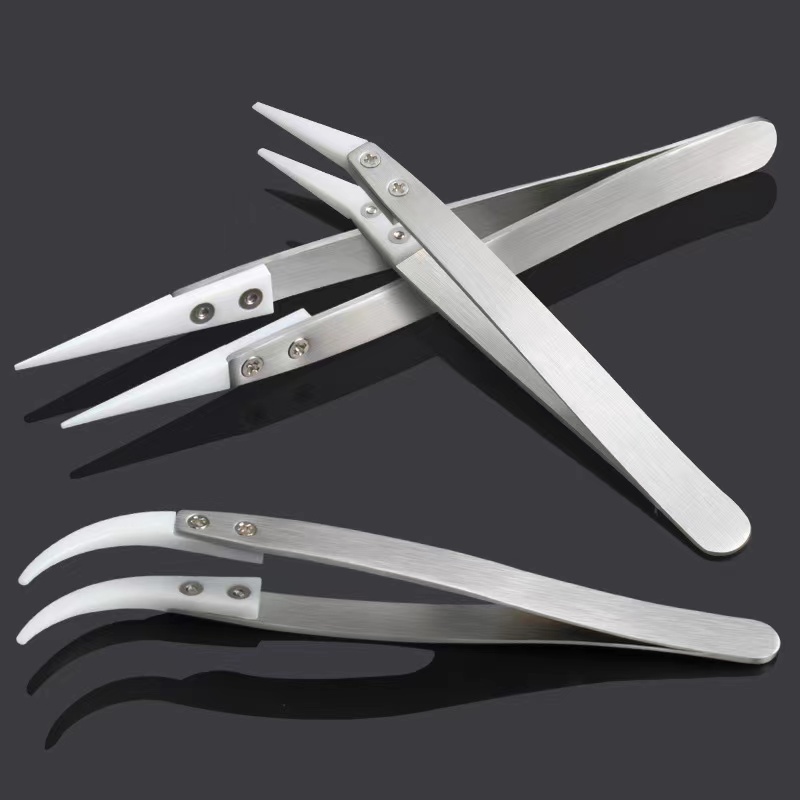Silver ESD Replaceable Ceramic Tipped Tweezers for Electronic Repair ESD Iron Tweezers