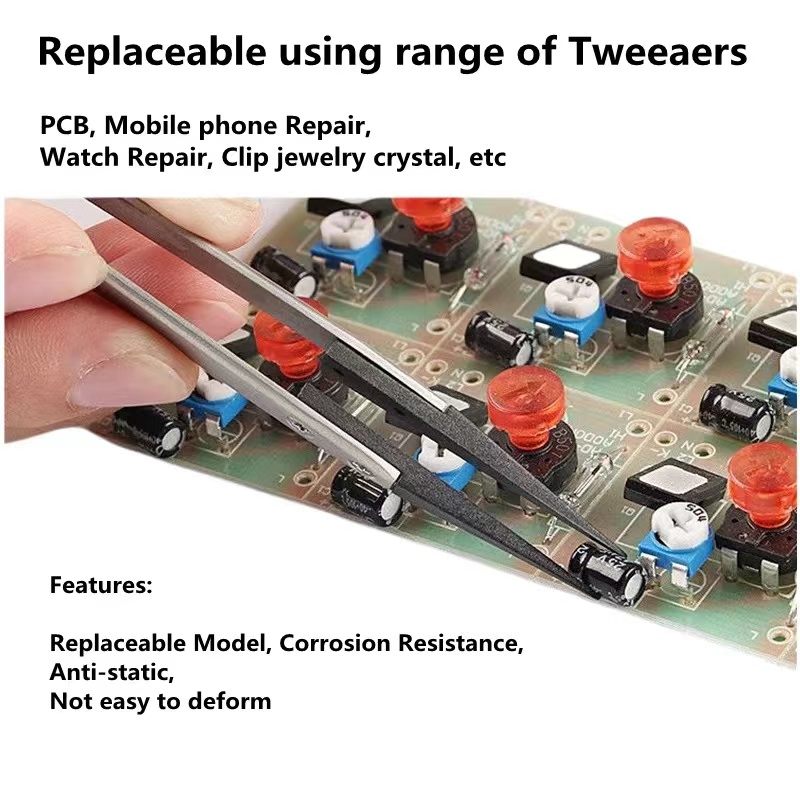 Replaceable ESD Tweezers Carbon Fiber Tip Industrial Antistatic Tweezers 9 in 1 set