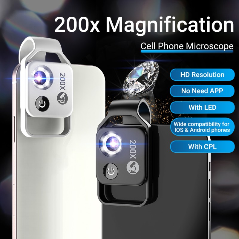 Cell Phone Clip On Microscope LED Light 200X 