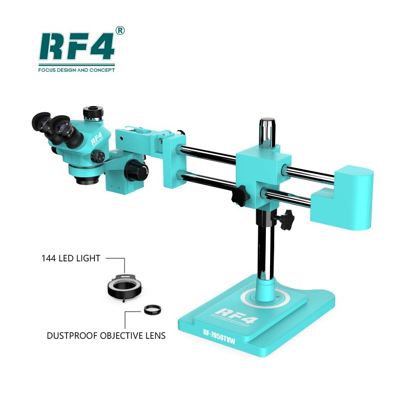RF4 7-50X Triocular Zoom Stereo 4K Camera Microscope Boom Stand Double Arms Electronic Maintenance RF7050TVW-4KC1